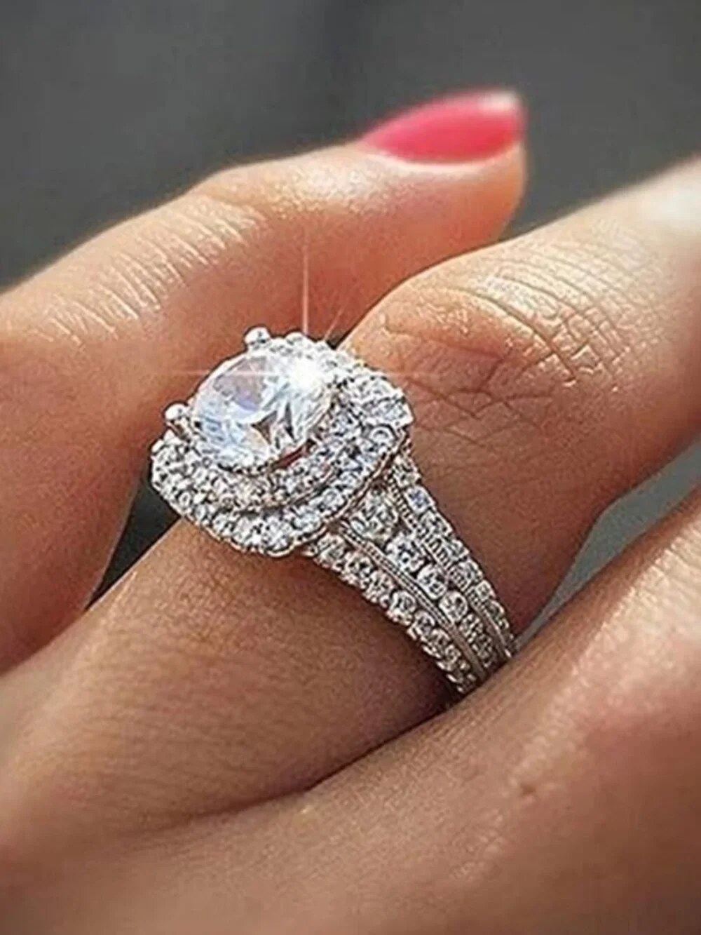 Silver Plated Shiny Ring Round-Cut White Cubic Zirconia Stones Fashion Ring 9